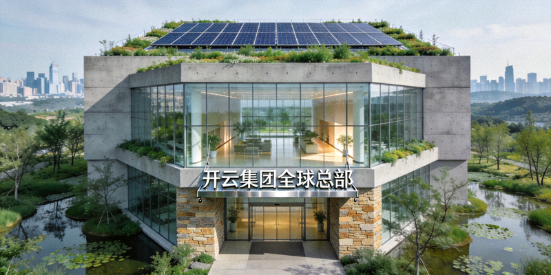 开云集团全球总部大楼外观，现代建筑与自然环境和谐相融，象征集团可持续发展理念
